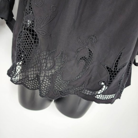 Chelsea28 Off The Shoulder Cropped Blouse XS Black ¾ Tie Sleeve Floral Cutout - Picture 8 of 12